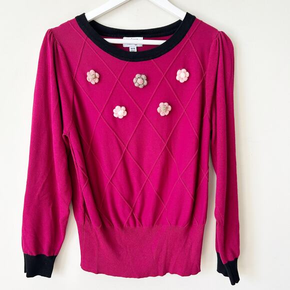 Unique Vintage Sweater Size 1X/16 Plus Knit Pullover Rosette Floral Applique - Picture 1 of 4